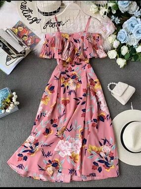 Floral Off-Shoulder Summer Maxi Dress - Pink